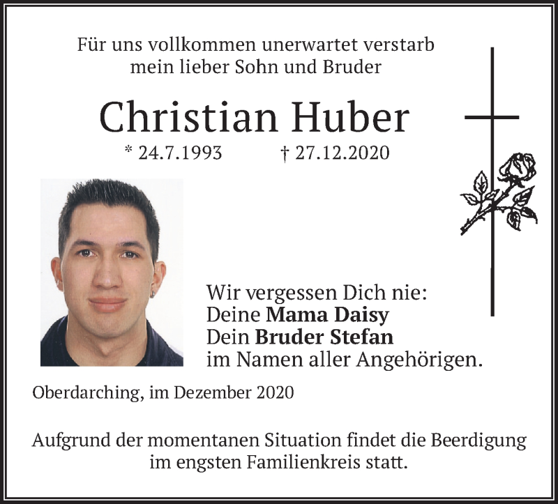  Traueranzeige für Christian Huber vom 30.12.2020 aus merkurtz