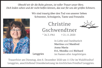 Traueranzeige von Christine Gschwendtner von merkurtz