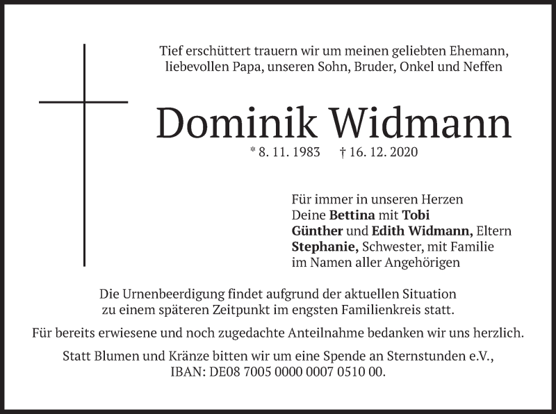  Traueranzeige für Dominik Widmann vom 24.12.2020 aus merkurtz