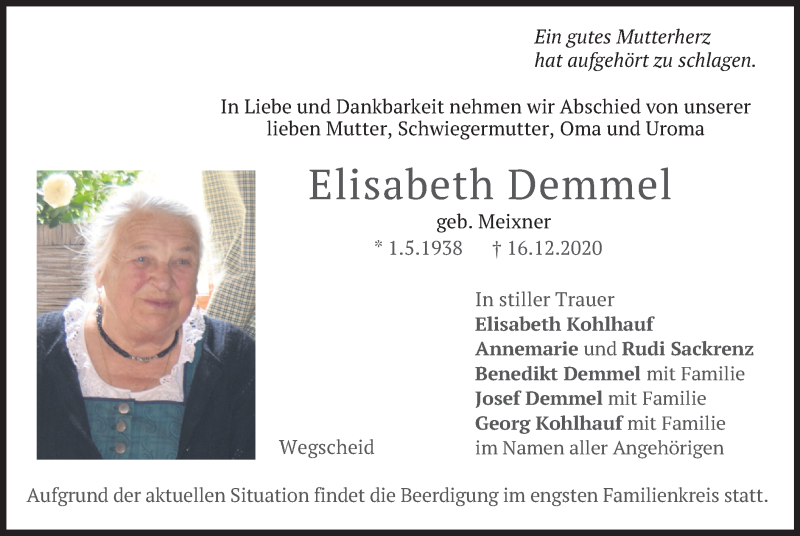 Traueranzeigen von Elisabeth Demmel | trauer.merkur.de