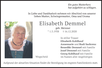Traueranzeige von Elisabeth Demmel von merkurtz