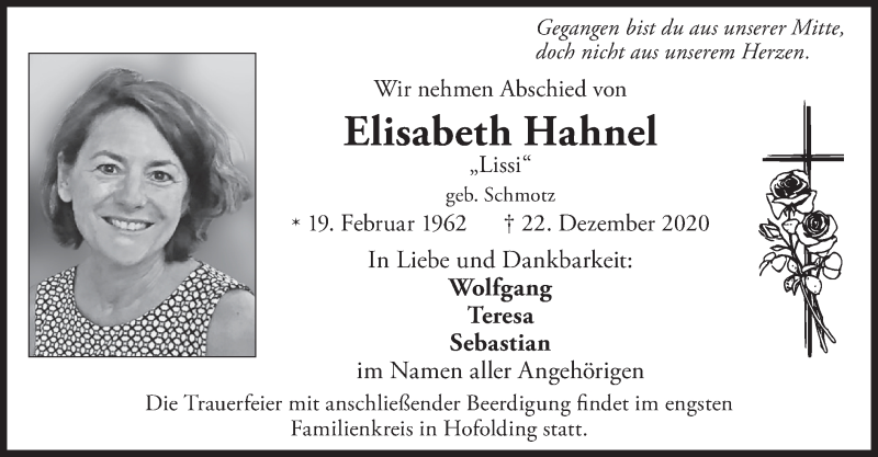  Traueranzeige für Elisabeth Hahnel vom 31.12.2020 aus merkurtz