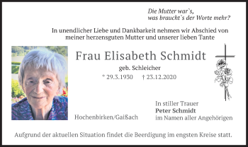 Traueranzeige von Elisabeth Schmidt von merkurtz