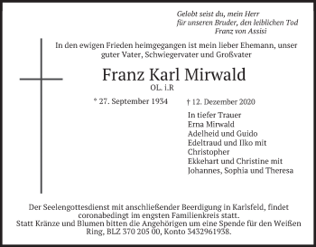 Traueranzeige von Franz Karl Mirwald
