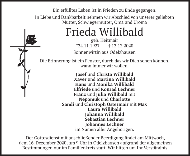  Traueranzeige für Frieda Willibald vom 15.12.2020 aus merkurtz