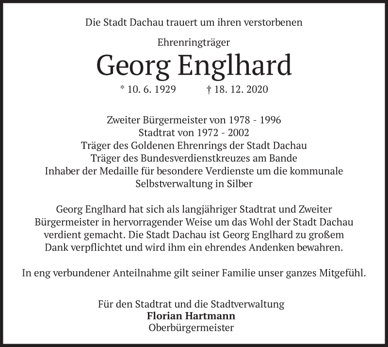  Traueranzeige für Georg Englhard vom 22.12.2020 aus merkurtz