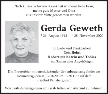 Traueranzeige von Gerda Geweth