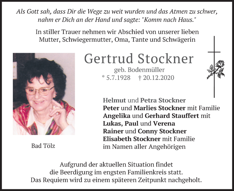  Traueranzeige für Gertrud Stockner vom 22.12.2020 aus merkurtz