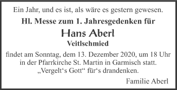 Traueranzeige von Hans Aberl von merkurtz