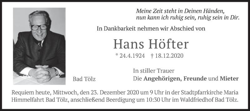  Traueranzeige für Hans Höfter vom 23.12.2020 aus merkurtz