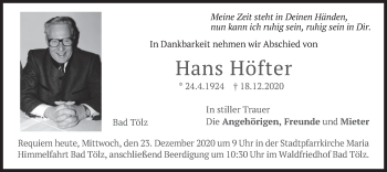 Traueranzeige von Hans Höfter von merkurtz