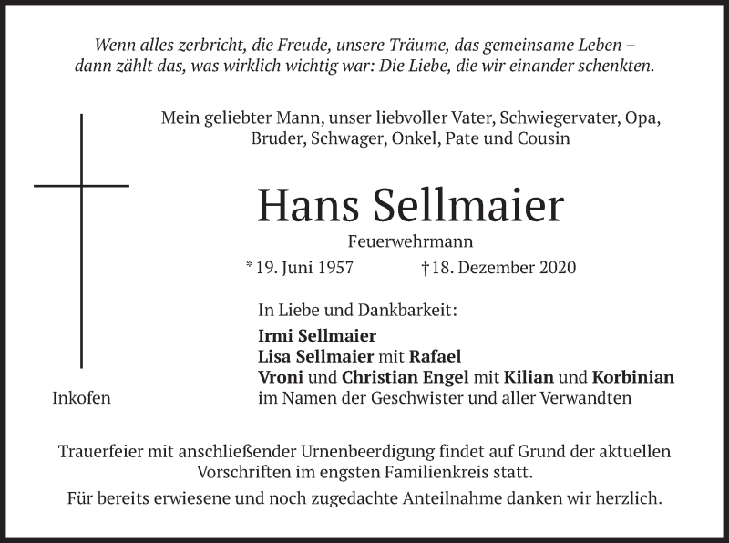  Traueranzeige für Hans Sellmaier vom 21.12.2020 aus merkurtz