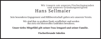 Traueranzeige von Hans Sellmaier von merkurtz