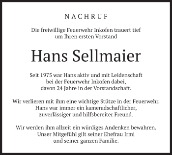 Traueranzeige von Hans Sellmaier von merkurtz