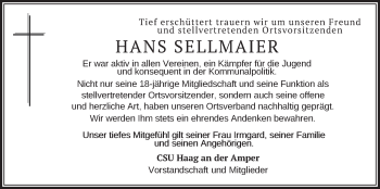 Traueranzeige von Hans Sellmaier von merkurtz