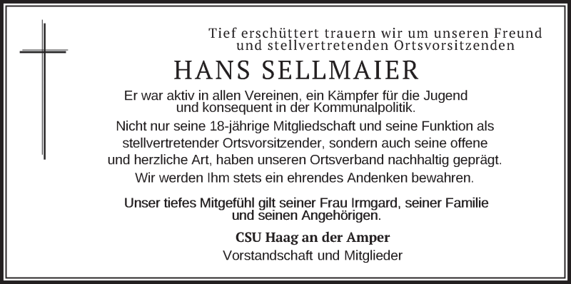  Traueranzeige für Hans Sellmaier vom 21.12.2020 aus merkurtz