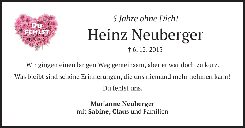  Traueranzeige für Heinz Neuberger vom 05.12.2020 aus merkurtz