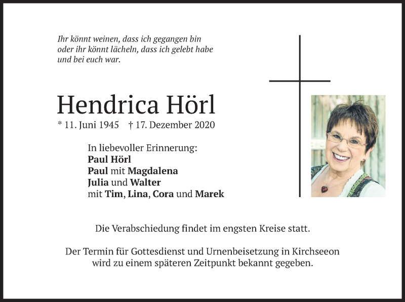  Traueranzeige für Hendrica Hörl vom 19.12.2020 aus merkurtz