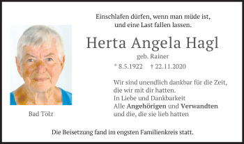 Traueranzeige von Herta Angela Hagl von merkurtz