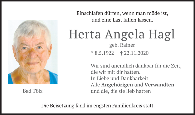  Traueranzeige für Herta Angela Hagl vom 12.12.2020 aus merkurtz