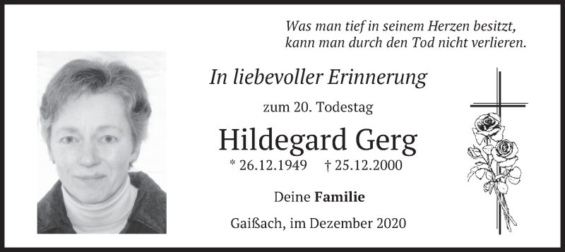  Traueranzeige für Hildegard Gerg vom 24.12.2020 aus merkurtz