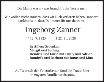 Traueranzeige von Ingeborg Zanner von merkurtz