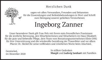 Traueranzeige von Ingeborg Zanner von merkurtz