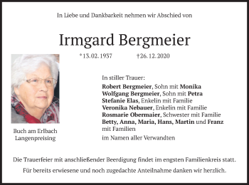 Traueranzeige von Irmgard Bergmeier von merkurtz