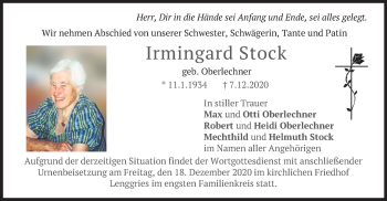 Traueranzeige von Irmingard Stock von merkurtz