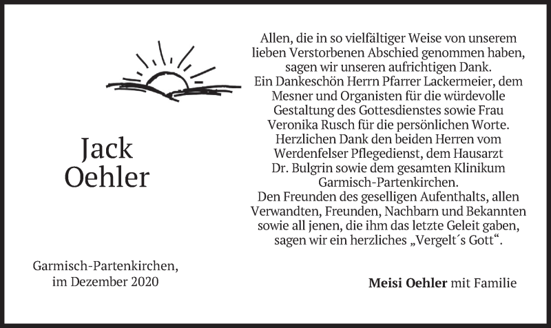  Traueranzeige für Jack Oehler vom 19.12.2020 aus merkurtz