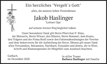 Traueranzeige von Jakob Haslinger von merkurtz