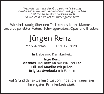 Traueranzeige von Jürgen Renz von merkurtz
