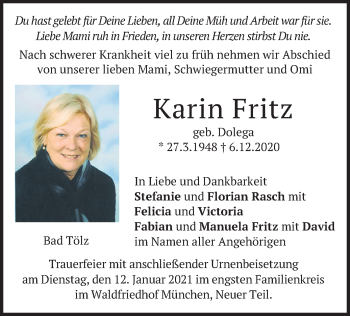 Traueranzeige von Karin Fritz von merkurtz