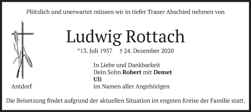  Traueranzeige für Ludwig Rottach vom 29.12.2020 aus merkurtz