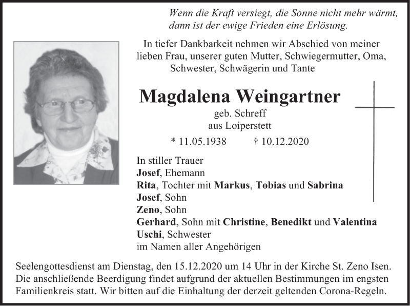  Traueranzeige für Magdalena Weingartner vom 12.12.2020 aus merkurtz