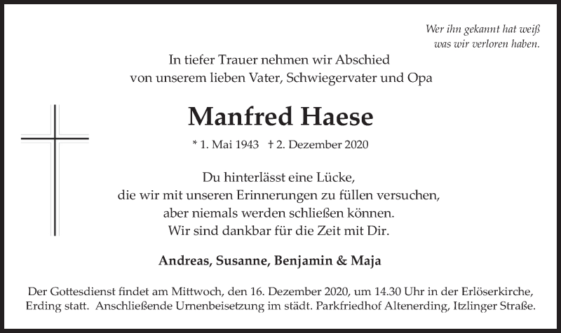  Traueranzeige für Manfred Haese vom 12.12.2020 aus merkurtz