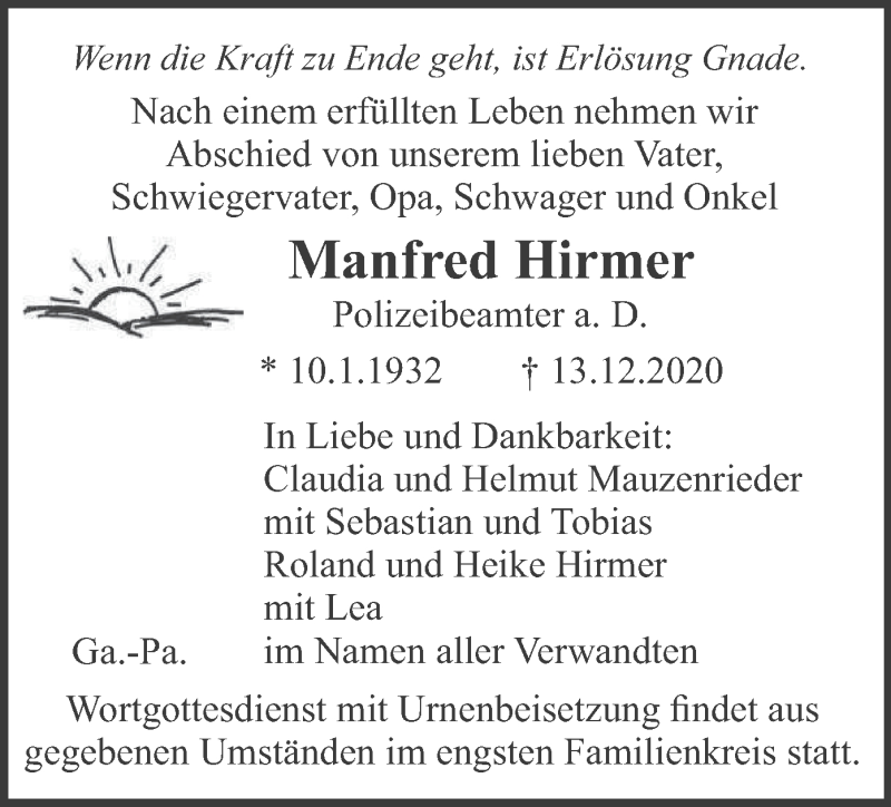  Traueranzeige für Manfred Hirmer vom 19.12.2020 aus merkurtz