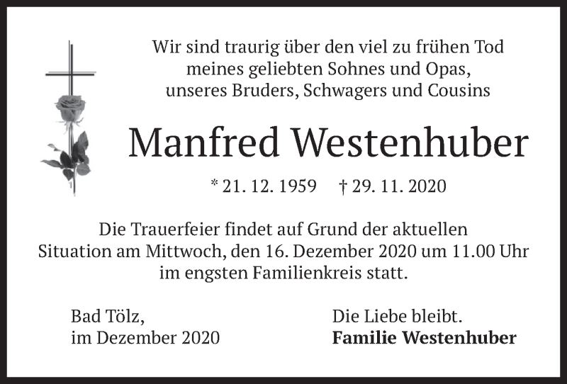 Traueranzeige für Manfred Westenhuber vom 15.12.2020 aus merkurtz