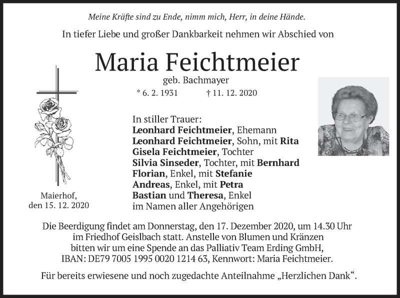  Traueranzeige für Maria Feichtmeier vom 15.12.2020 aus merkurtz