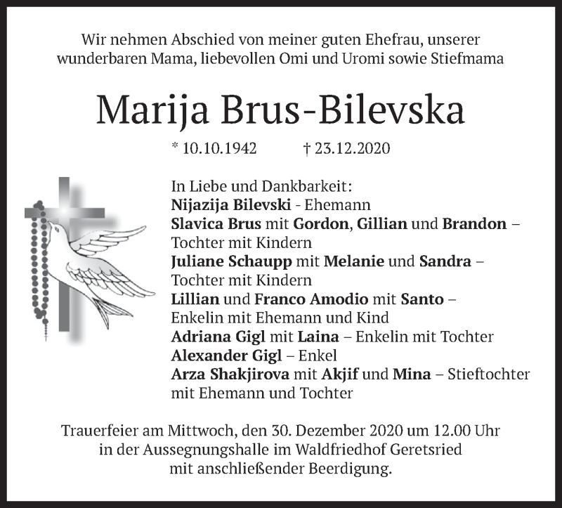  Traueranzeige für Marija Brus-Bilevska vom 29.12.2020 aus merkurtz
