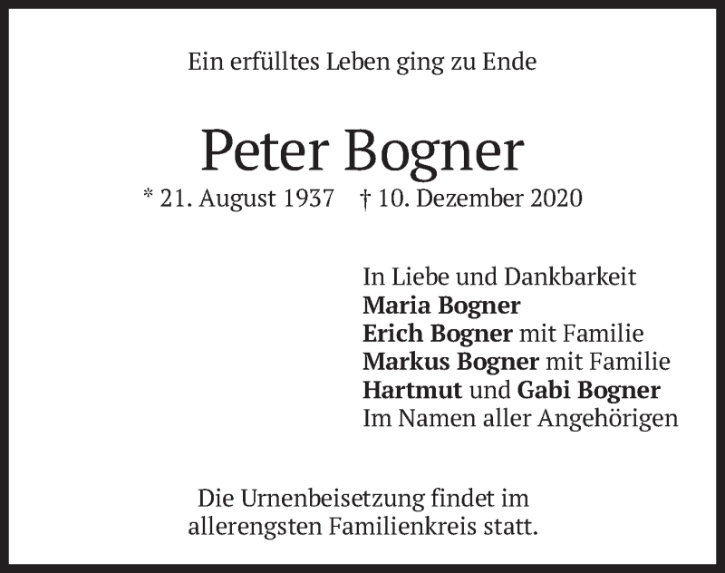  Traueranzeige für Peter Bogner vom 18.12.2020 aus merkurtz