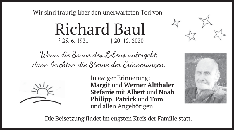  Traueranzeige für Richard Baul vom 23.12.2020 aus merkurtz