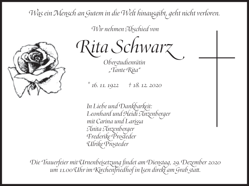  Traueranzeige für Rita Schwarz vom 22.12.2020 aus merkurtz