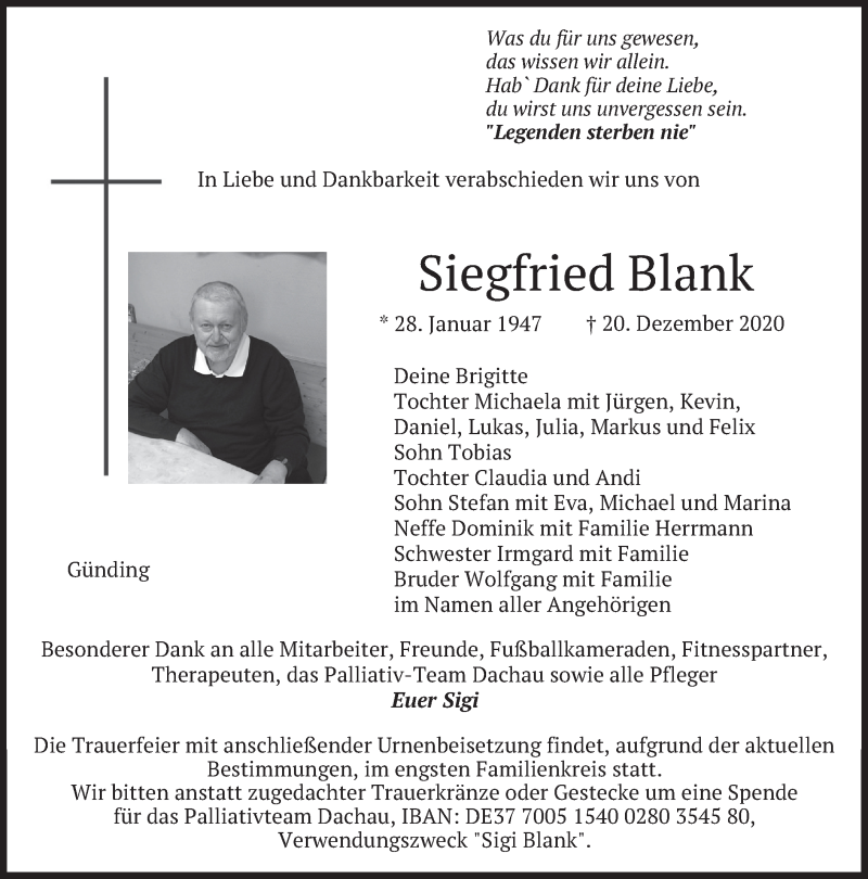  Traueranzeige für Siegfried Blank vom 23.12.2020 aus merkurtz