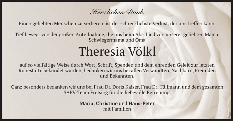  Traueranzeige für Theresia Völkl vom 12.12.2020 aus merkurtz