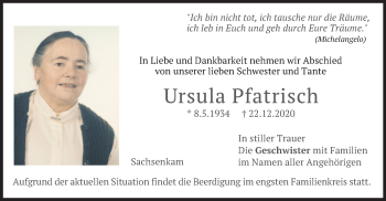 Traueranzeige von Ursula Pfatrisch von merkurtz