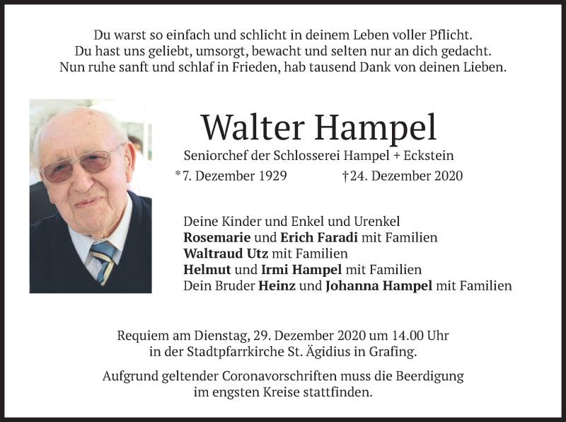 Traueranzeige für Walter Hampel vom 28.12.2020 aus merkurtz