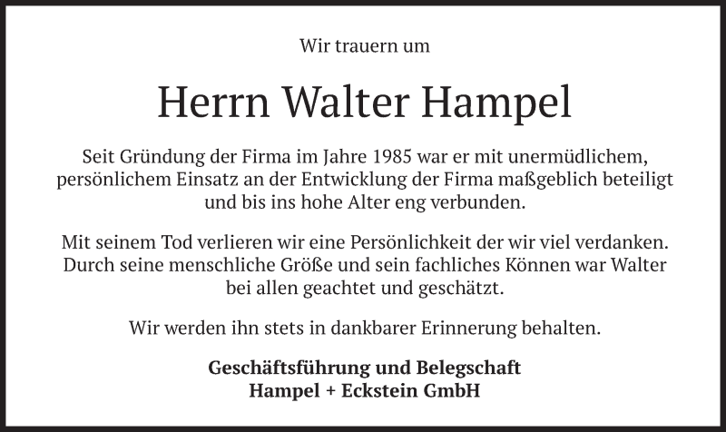  Traueranzeige für Walter Hampel vom 28.12.2020 aus merkurtz