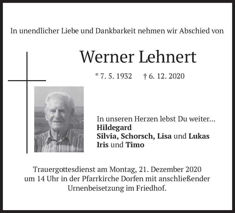  Traueranzeige für Werner Lehnert vom 12.12.2020 aus merkurtz