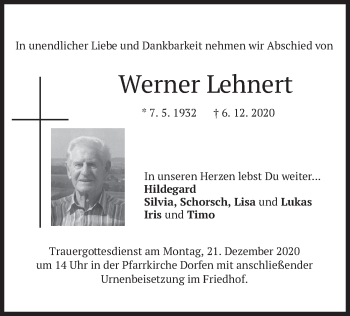 Traueranzeige von Werner Lehnert von merkurtz